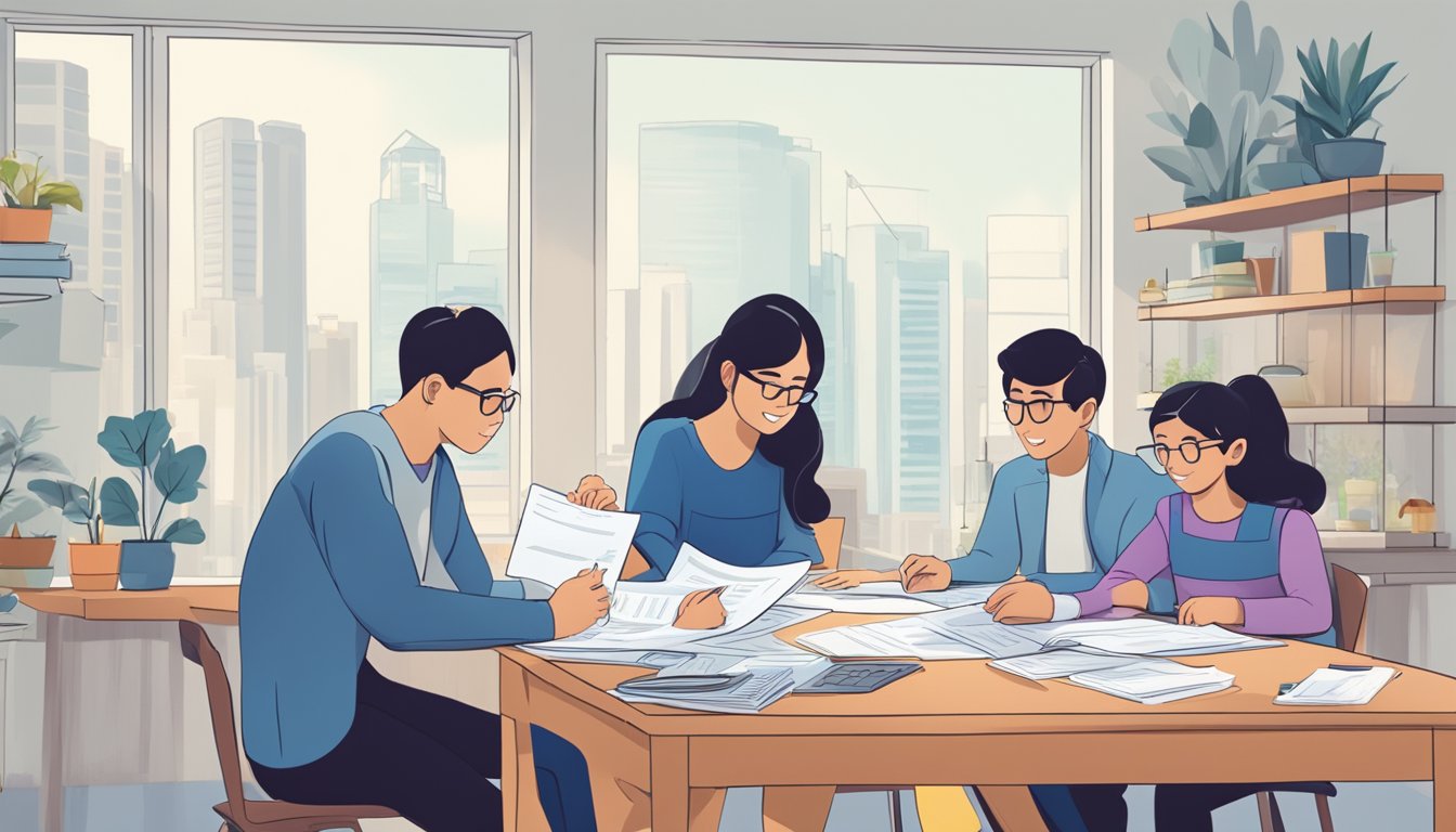 A family sits around a table, discussing and filling out paperwork for a 5-year fixed home loan in Singapore. Financial documents and a laptop are spread out on the table