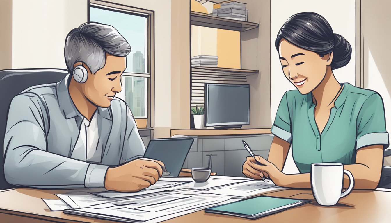 A couple sits at a table, reviewing documents labeled "Refinancing Options dbs 5 year fixed home loan singapore." A calculator and pen are nearby
