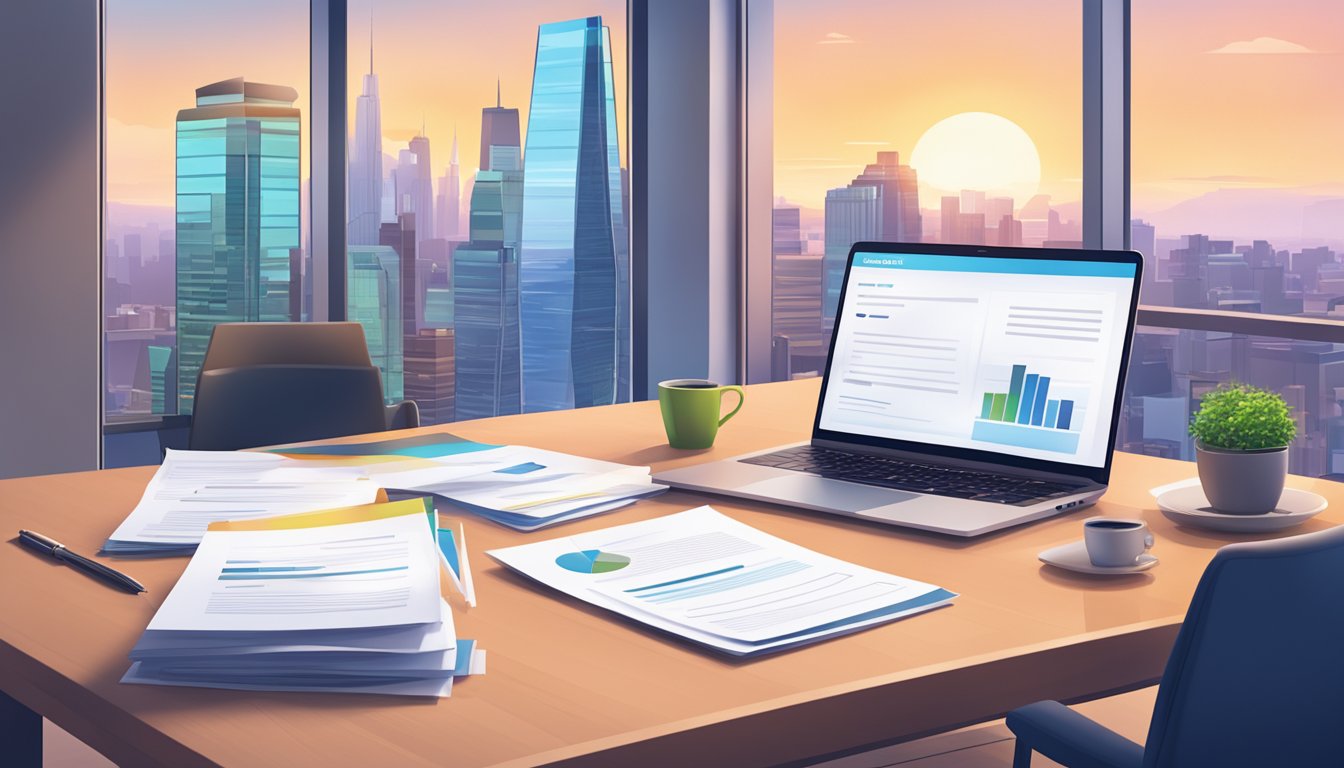 A stack of FAQ sheets on a desk, with a laptop and pen nearby. Bright, modern office setting with a view of the city skyline