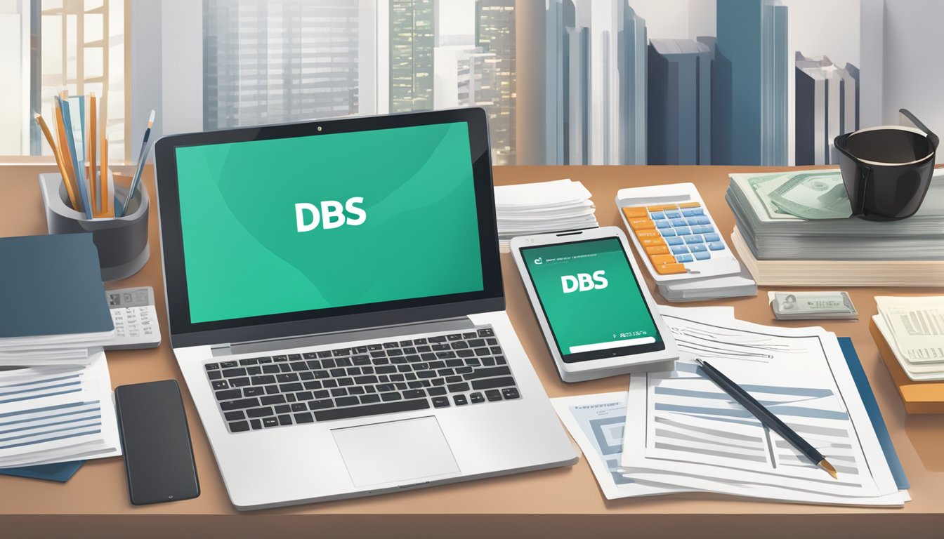 A Singaporean bank account type, with the DBS logo prominently featured, surrounded by financial documents and a digital device for online banking