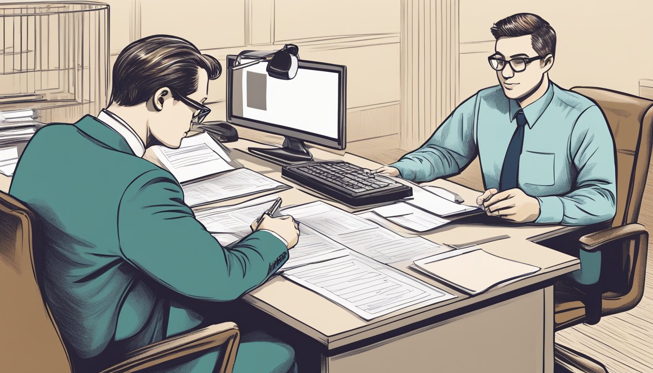 A person sitting at a desk, filling out forms with a pen, while a bank representative assists them with the account opening process