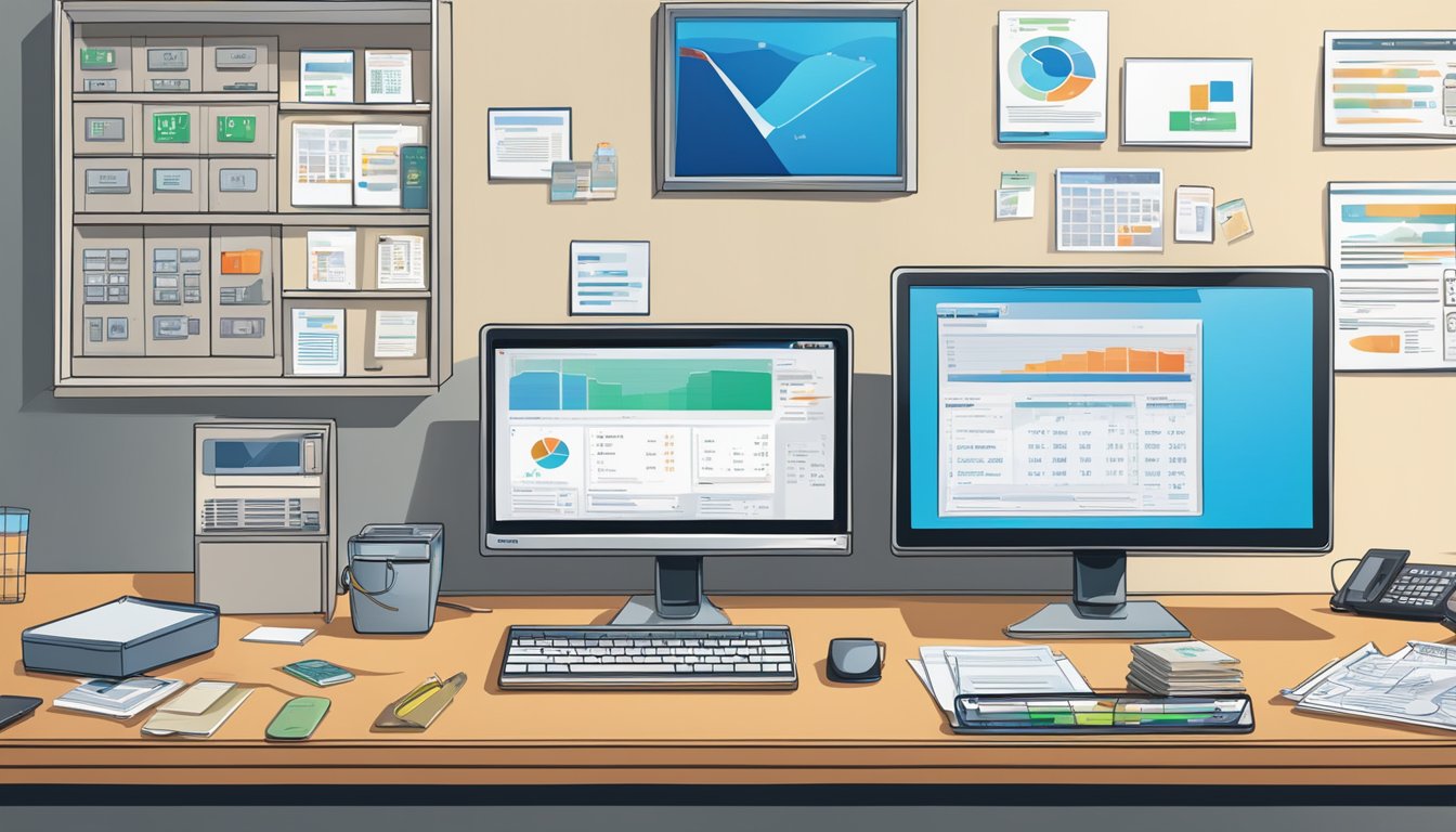 A desk with a computer, calculator, and paperwork. A wall display shows banking logos and account types. A person is not present in the scene