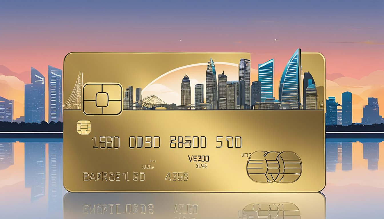A sleek, metallic credit card with the DBS Altitude American Express logo, against a backdrop of Singapore's iconic skyline