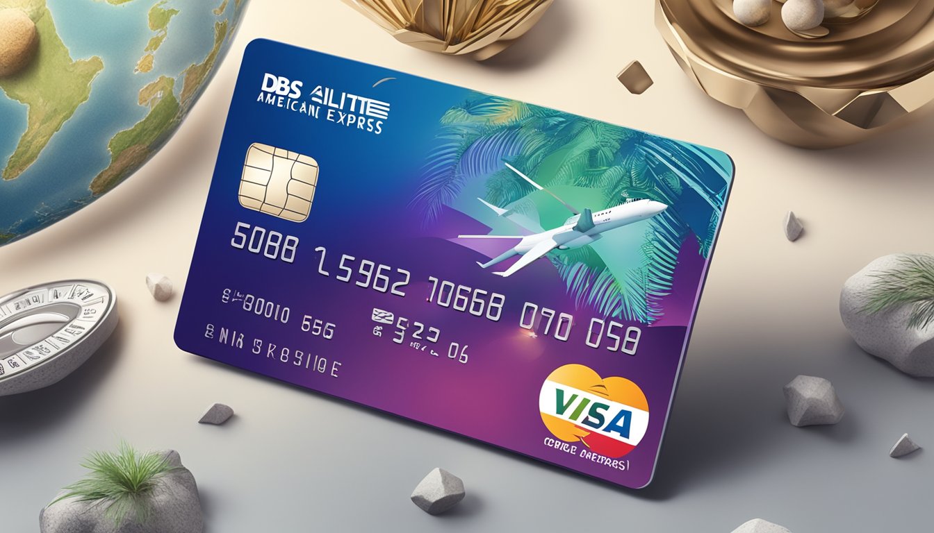 A sleek and modern credit card with the words "DBS Altitude American Express Card Singapore" prominently displayed on the front, surrounded by images of travel and lifestyle rewards