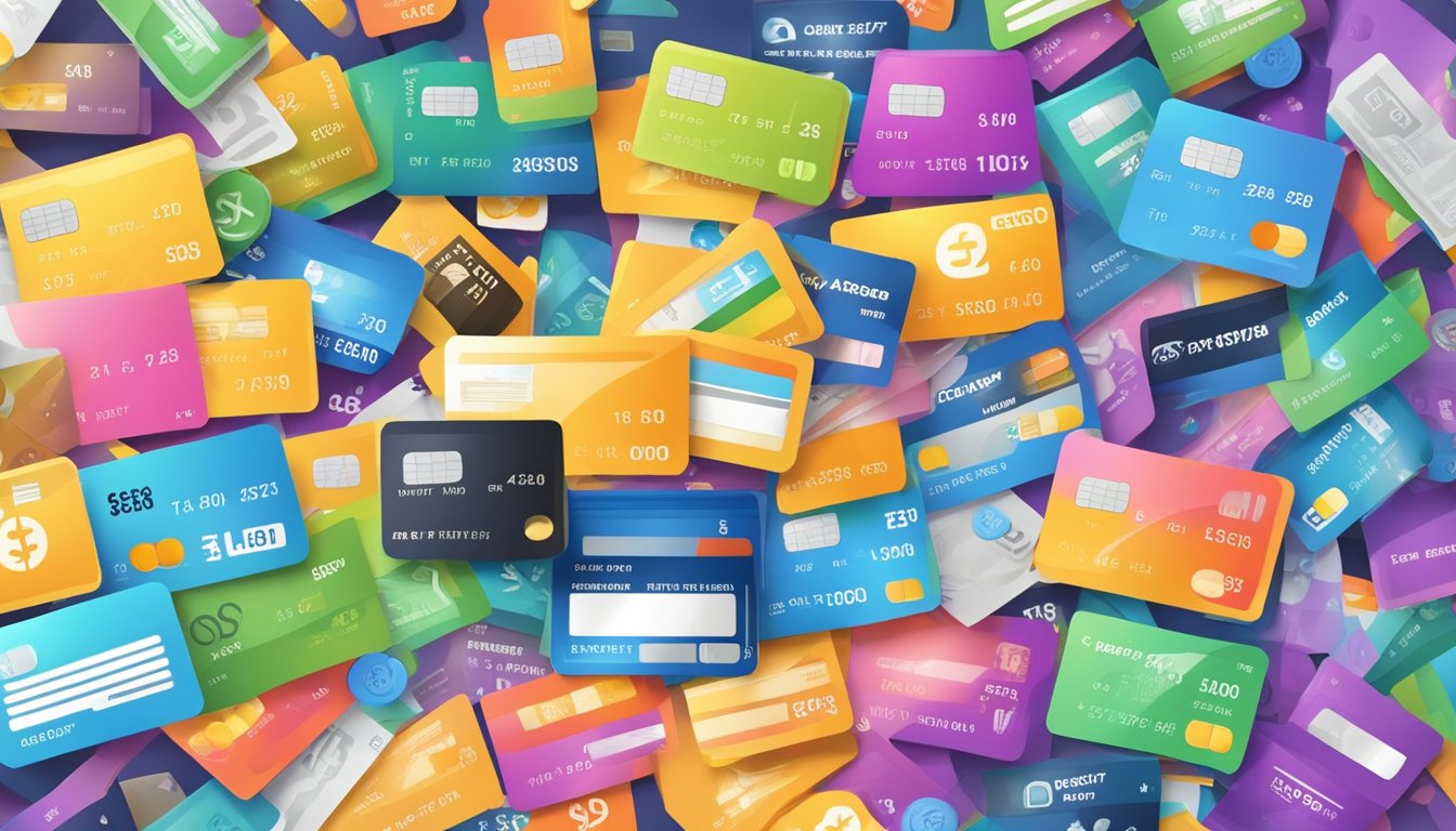 A credit card surrounded by dollar signs and various fees and charges icons