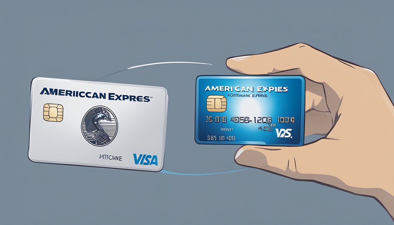 A hand holding an American Express card, with a computer screen displaying "Understanding Terms and Redemption" and the DBS Altitude logo in the background