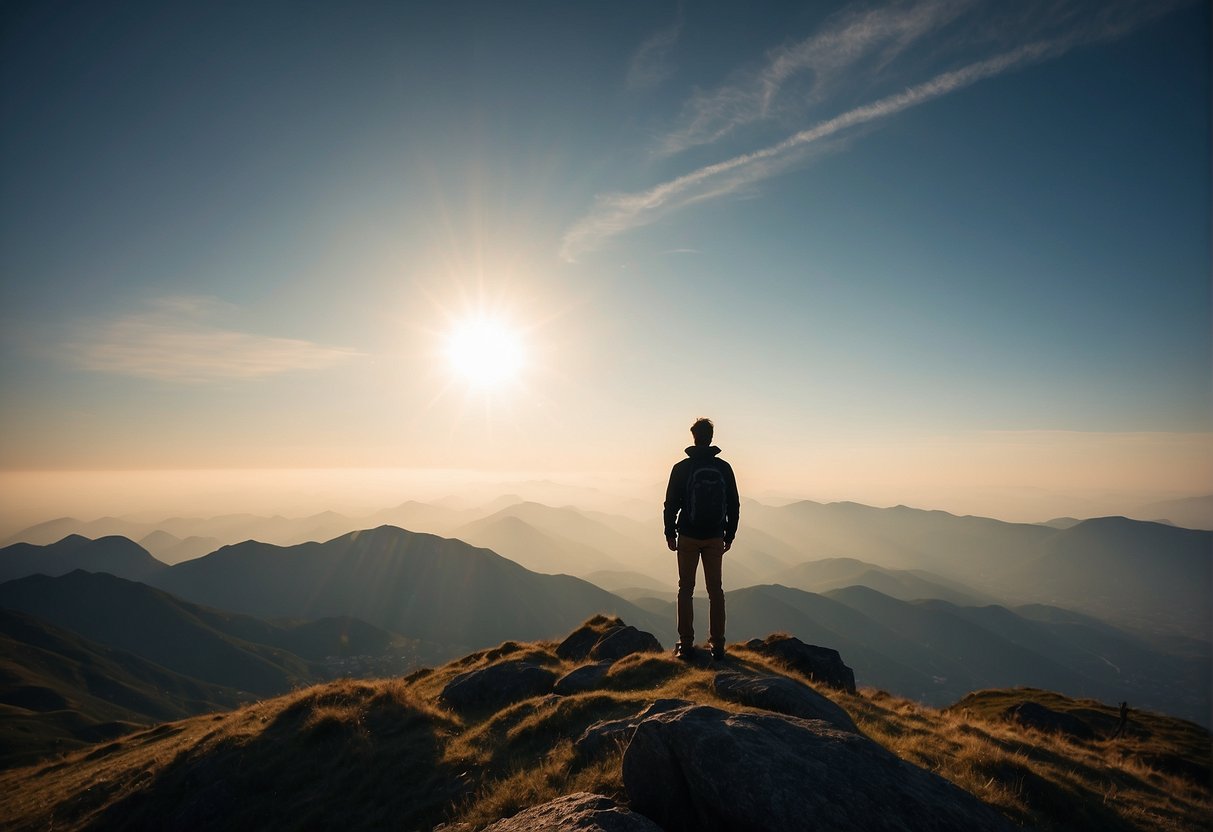 A person's silhouette standing on top of a mountain, looking out at a vast, unfamiliar landscape, symbolizing personal growth and transformation through a study abroad experience