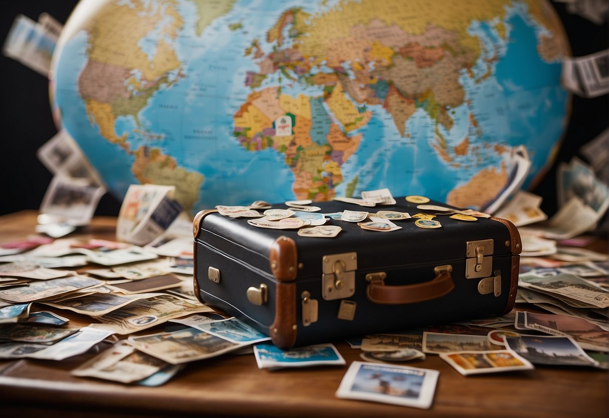 A suitcase covered in travel stickers sits open, spilling out souvenirs and photos. A world map hangs on the wall, marked with pins from different countries. A journal and pen lay nearby, filled with reflections on the transformative study abroad experience