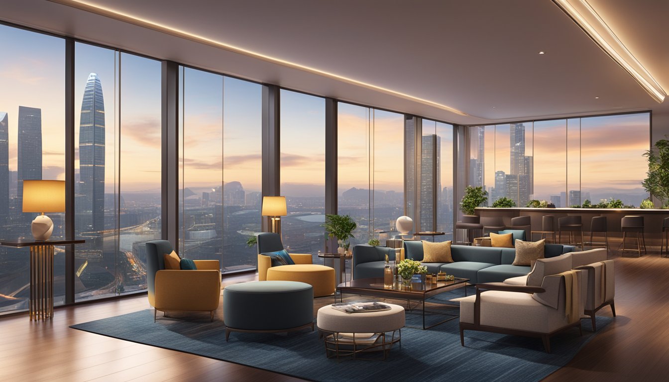 A luxurious and modern lounge at Singapore's DBS Altitude Card, with sleek furniture, ambient lighting, and panoramic views of the city skyline