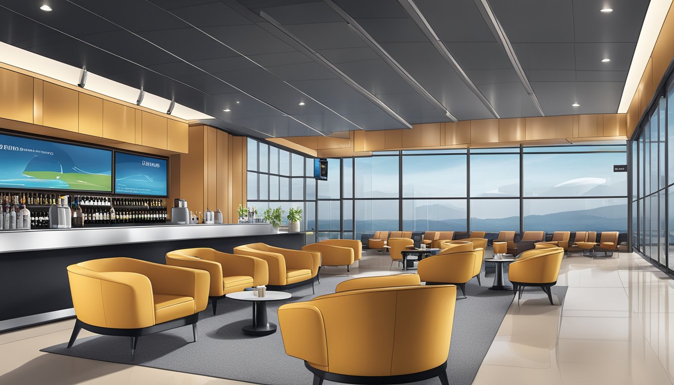 A sleek and modern airport lounge with the DBS Altitude Card logo prominently displayed. Comfortable seating, a well-stocked bar, and large windows offering a view of the tarmac