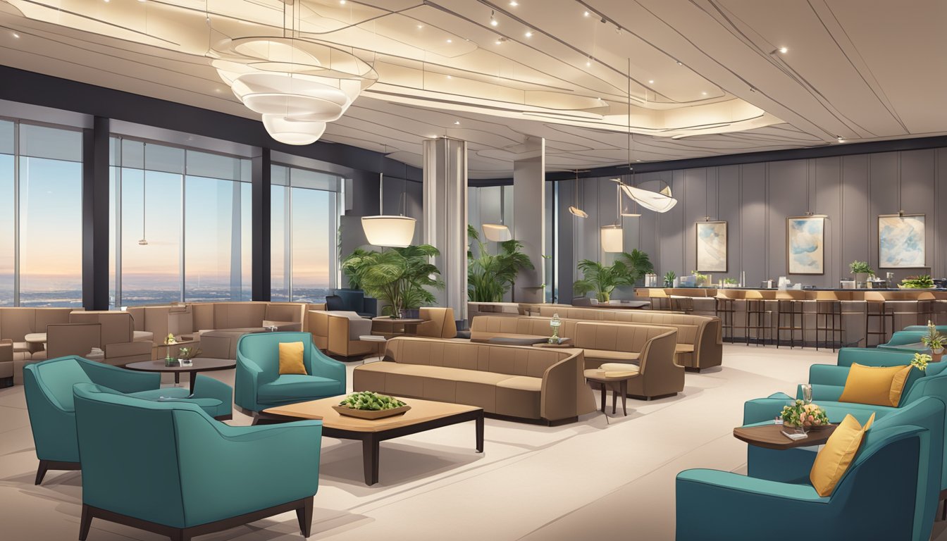 A luxurious airport lounge with comfortable seating, modern decor, and a buffet spread. The dbs altitude card is prominently displayed at the entrance