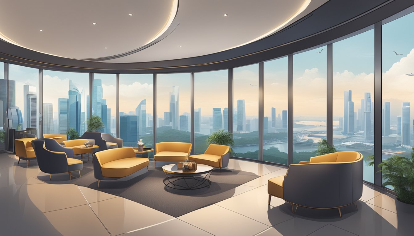 A sleek, modern lounge with a panoramic view of Singapore's skyline. A sign at the entrance displays "DBS Altitude Cardholders Only."