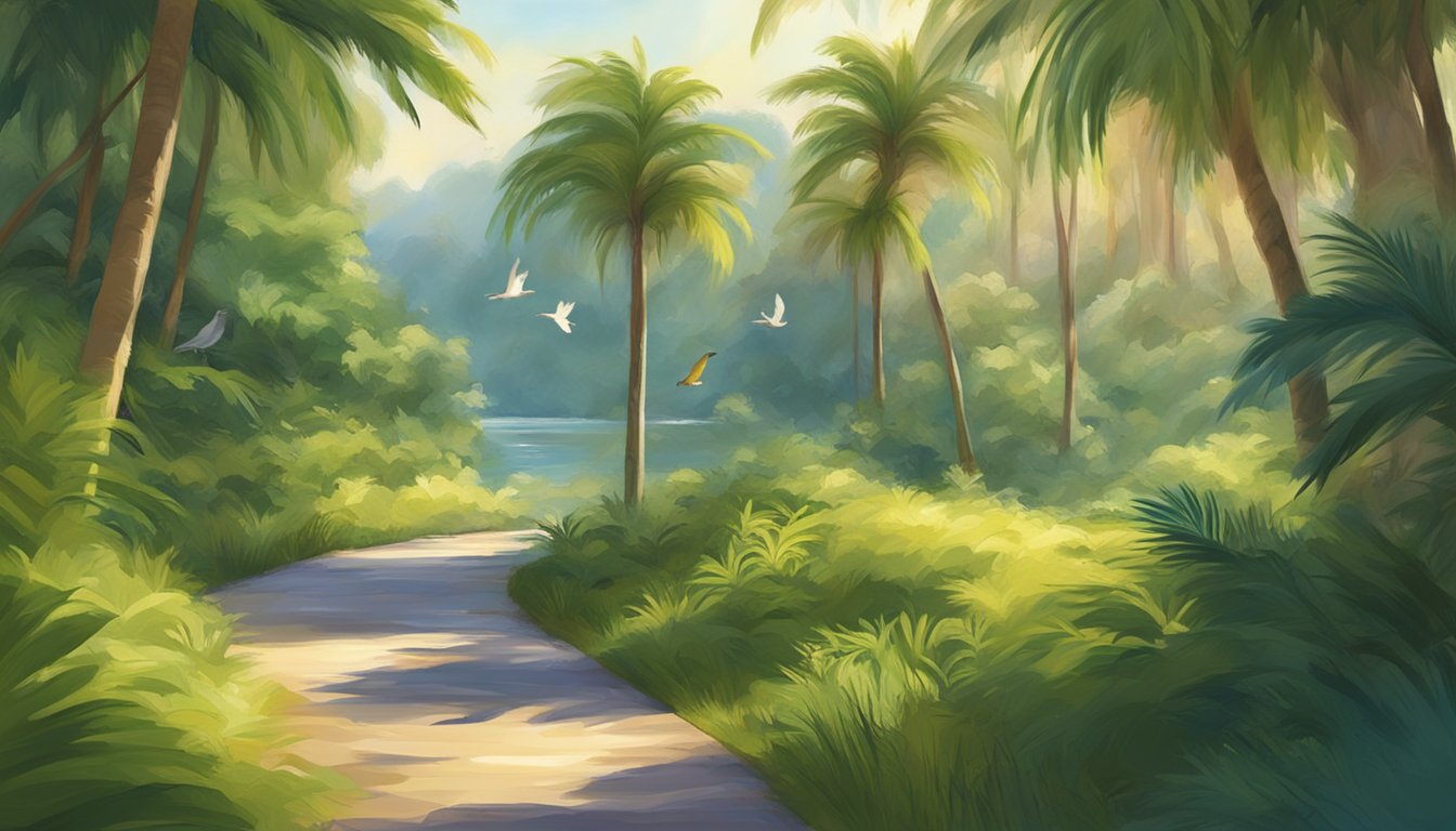 Sunlight filters through lush green foliage as a winding trail leads to a tranquil lake. Tall palm trees sway gently in the breeze, and colorful birds flit among the branches