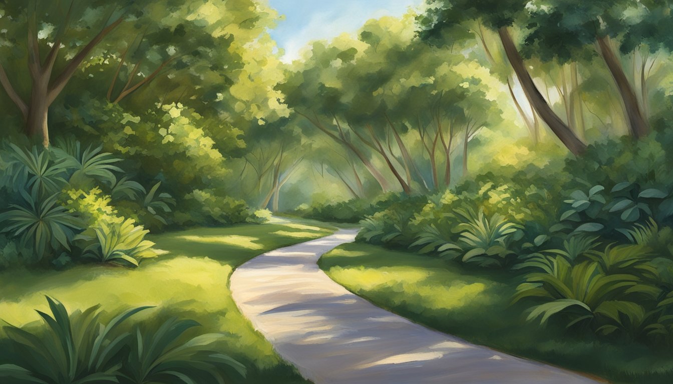 Lush greenery surrounds a winding trail in Boca Raton, Florida. Sunlight filters through the trees, casting dappled shadows on the path. Birdsong fills the air as a gentle breeze rustles the leaves