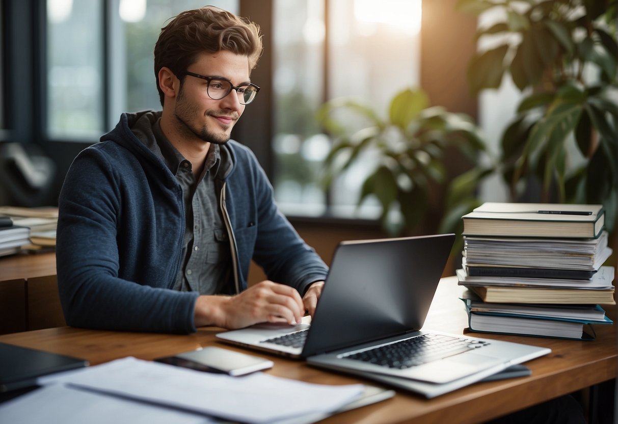 A student sits at a desk, surrounded by brochures and a laptop. They are carefully comparing different study abroad programs, taking notes and making a pros and cons list