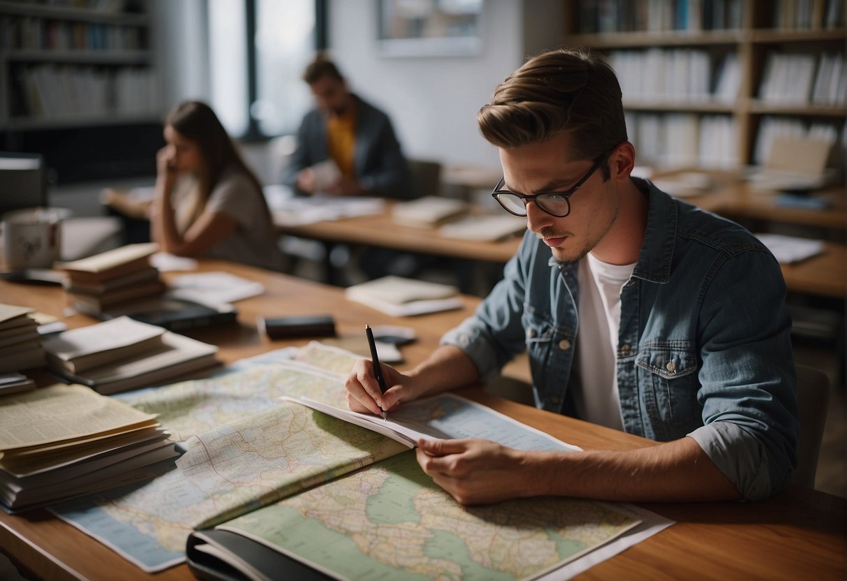 A student sits at a desk, surrounded by maps and brochures. They are carefully comparing different study abroad programs, taking notes and making a list of their goals