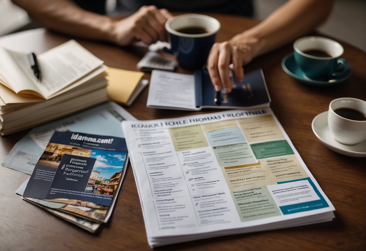 A table with various study abroad program brochures spread out, a person comparing program features with a checklist and pen in hand