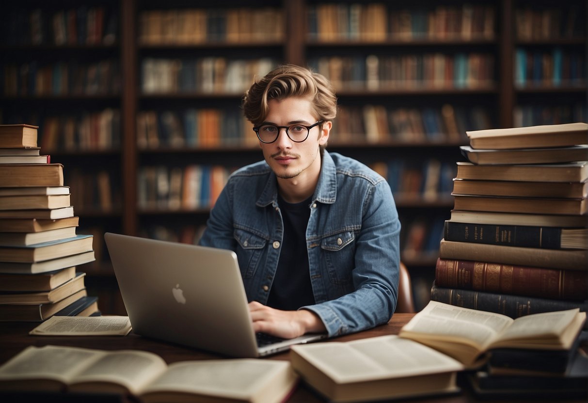 A student researching study abroad options, surrounded by books, maps, and a laptop, with a thoughtful expression