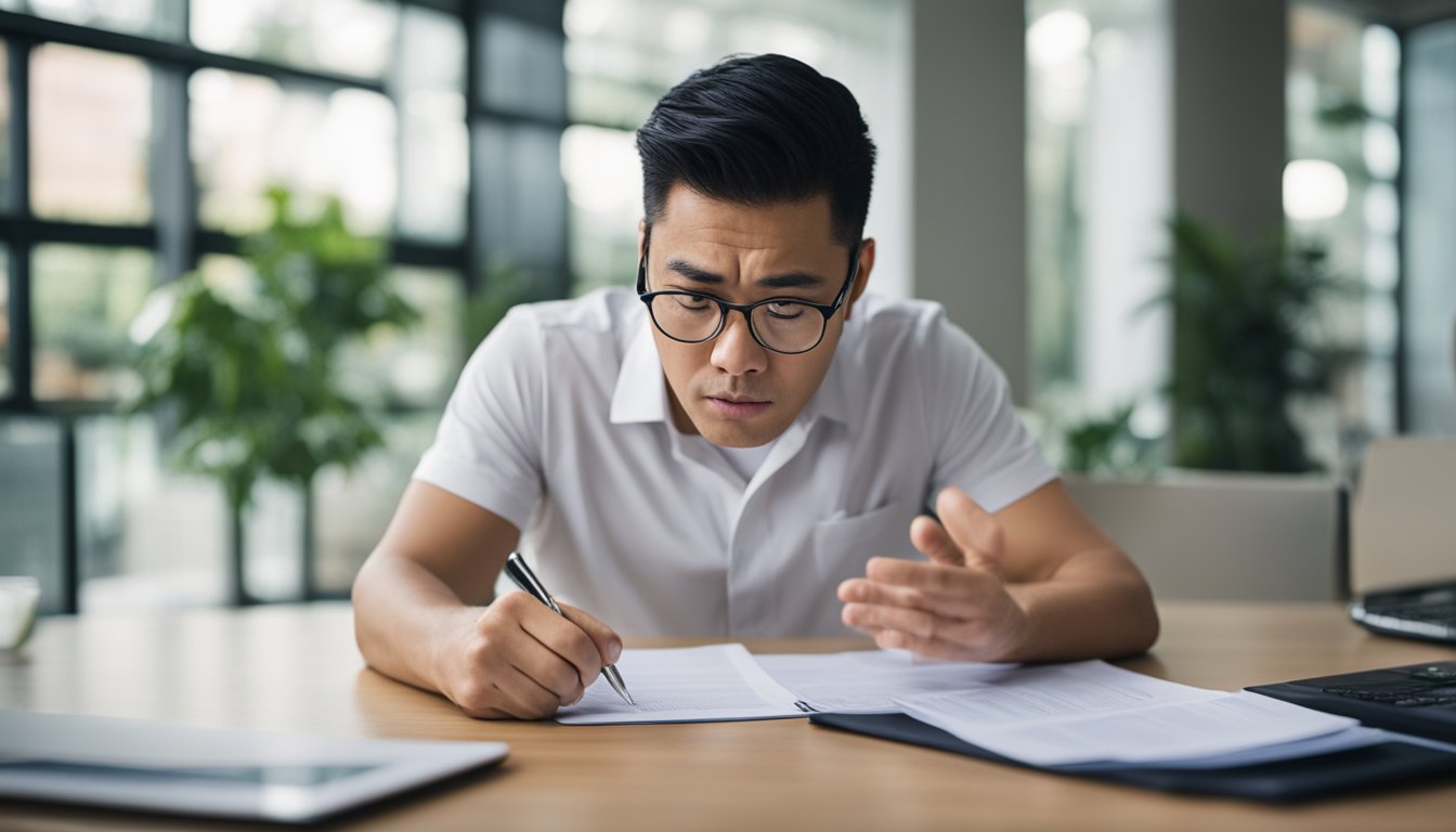 A person's loan application is denied in Singapore due to lender-specific criteria and regulations. The applicant looks frustrated and confused