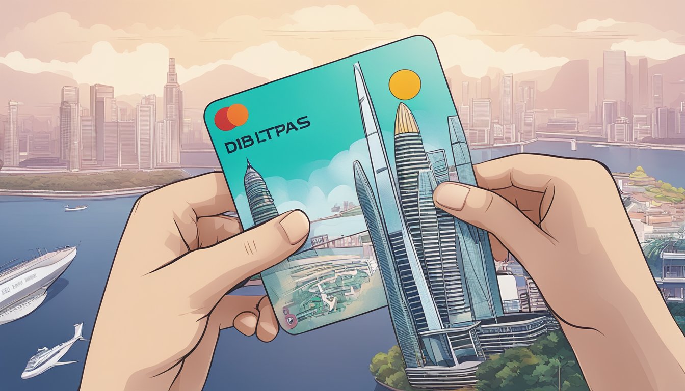 A hand holding a DBS Altitude Card with a Priority Pass, against a backdrop of iconic Singapore landmarks