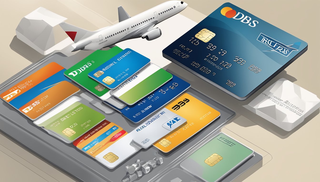 A sleek credit card with "DBS Altitude" branding, surrounded by luxurious travel rewards and exclusive offers, including a Priority Pass for access to airport lounges in Singapore