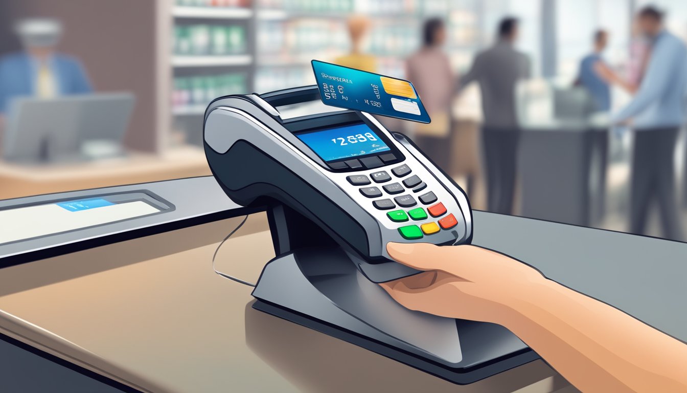 A credit card being swiped through a payment terminal, with a clear display of the fees and charges associated with the transaction