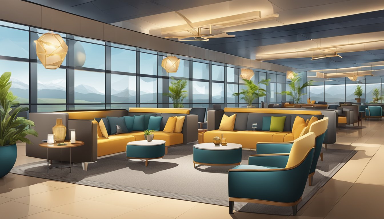 A sleek, modern airport lounge with the Priority Pass logo displayed prominently, surrounded by comfortable seating and elegant decor