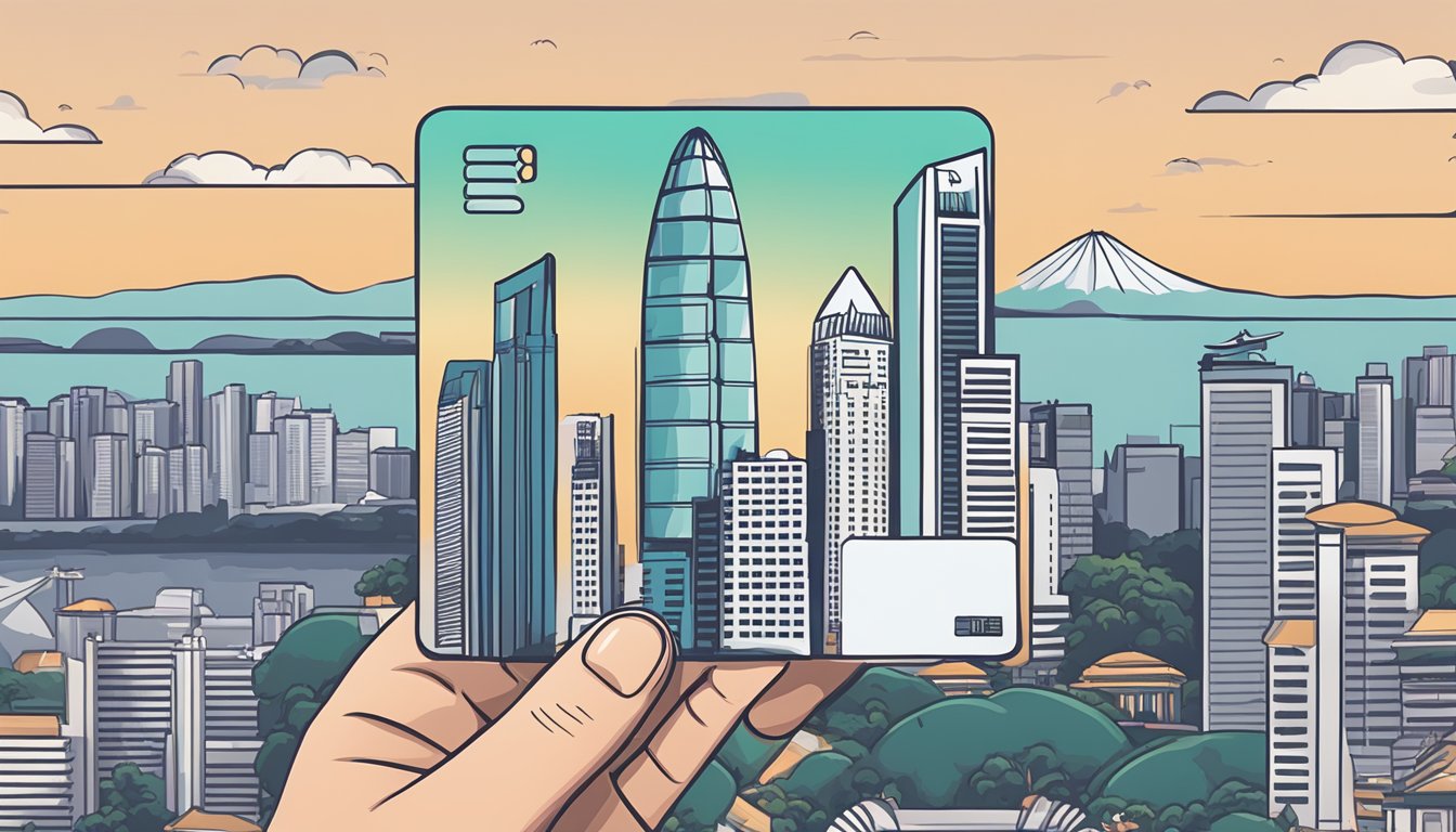 A hand holding a DBS altitude card against a backdrop of iconic Singapore landmarks