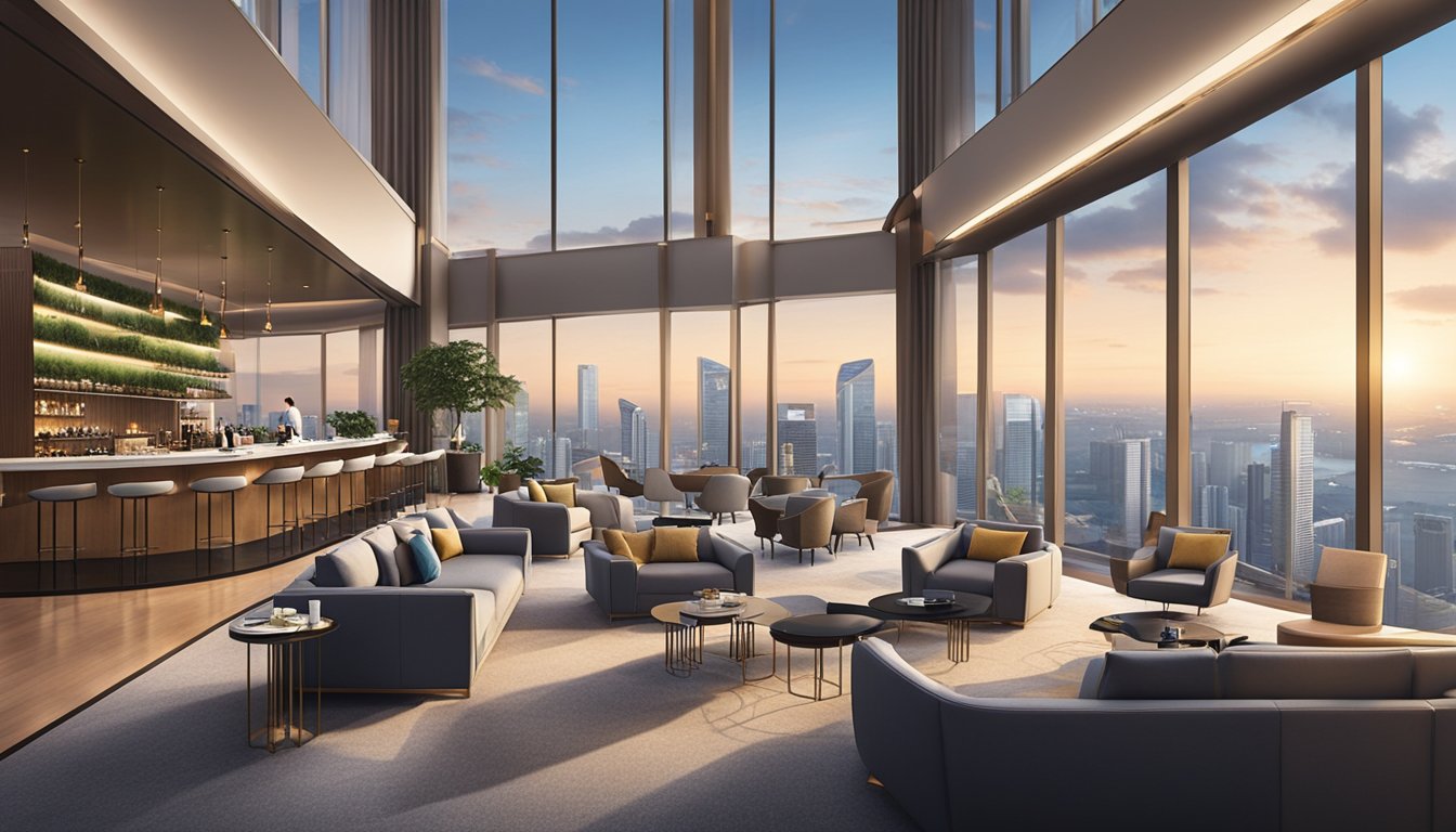 A modern, spacious lounge with sleek furniture and a panoramic view of Singapore. The DBS Altitude Card logo is prominently displayed, and guests are seen enjoying the luxurious amenities