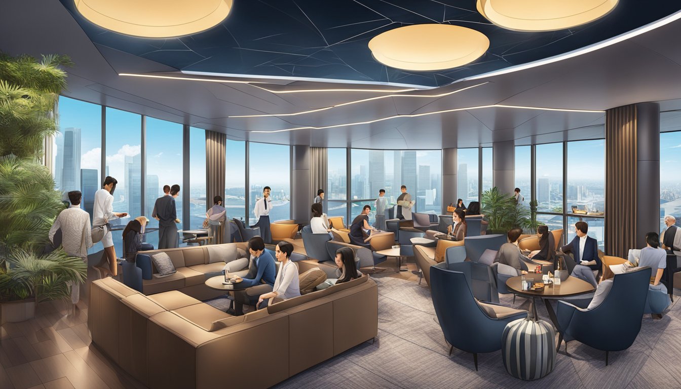 The dbs altitude lounge in Singapore is bustling with travelers maximizing their miles, enjoying the luxurious amenities and stunning city views