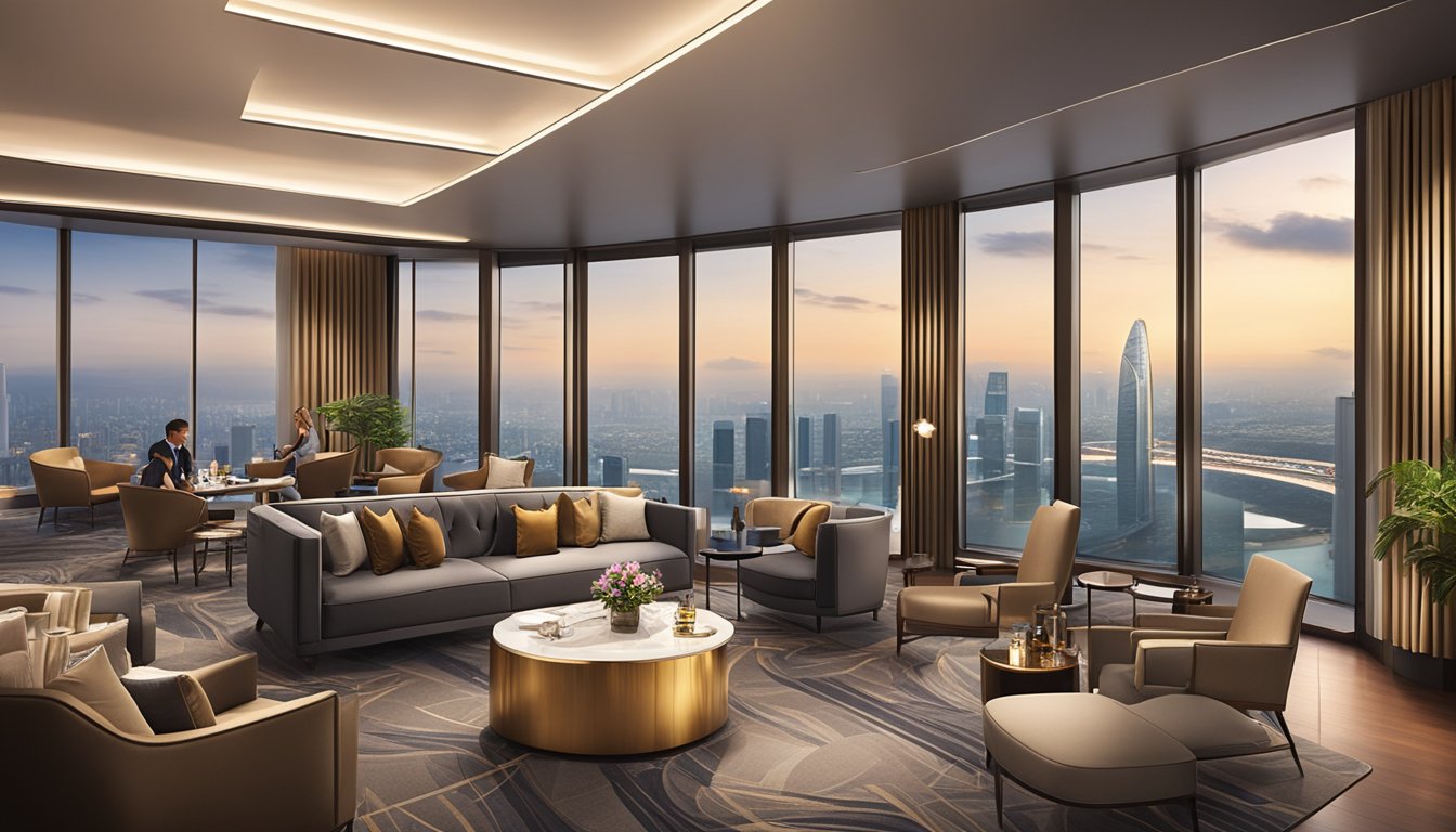 Guests enjoy luxurious amenities in the elegant dbs altitude lounge, with a panoramic view of Singapore's skyline and exclusive travel and lifestyle privileges