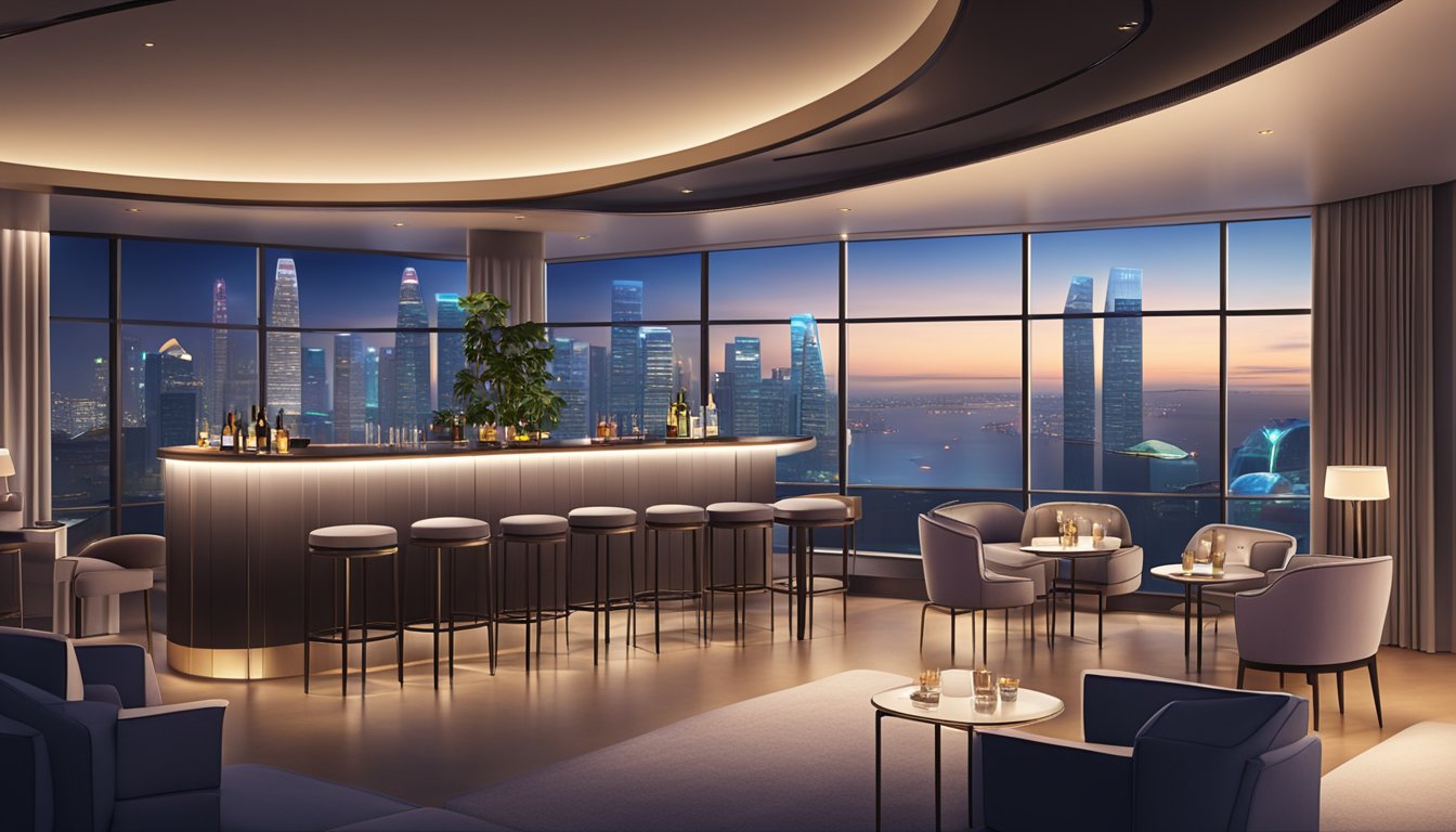 A sleek and modern lounge with panoramic views of the Singapore skyline, featuring plush seating, ambient lighting, and a sophisticated bar area