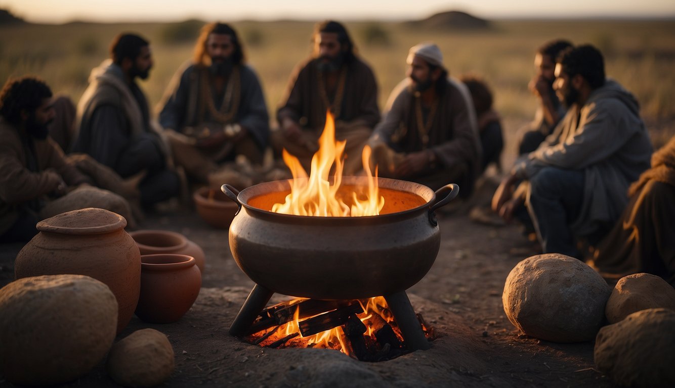 An ancient olla pot sits on a fire, surrounded by a group of early humans
