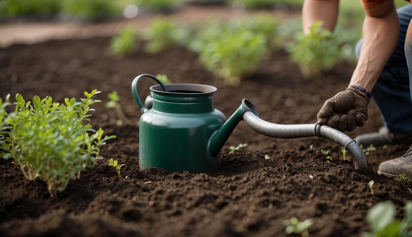 A gardener places olla pots in the soil, connecting them with a hose for an irrigation system