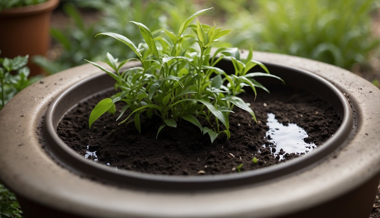 Plants surround an olla pot buried in the soil, with water seeping out and nourishing the garden
