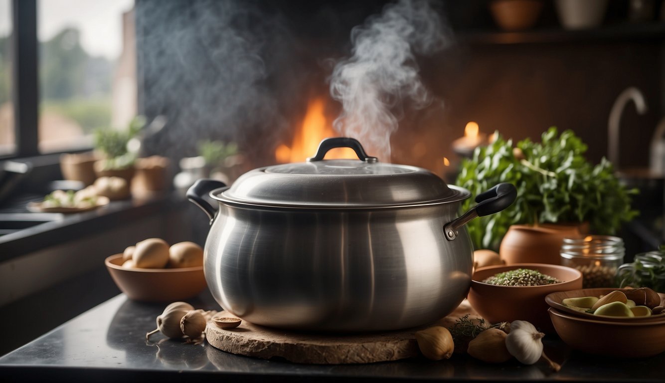 The olla pot sits on a stove, steam rising from its open lid. It is surrounded by various ingredients and utensils, showcasing its versatility and functionality