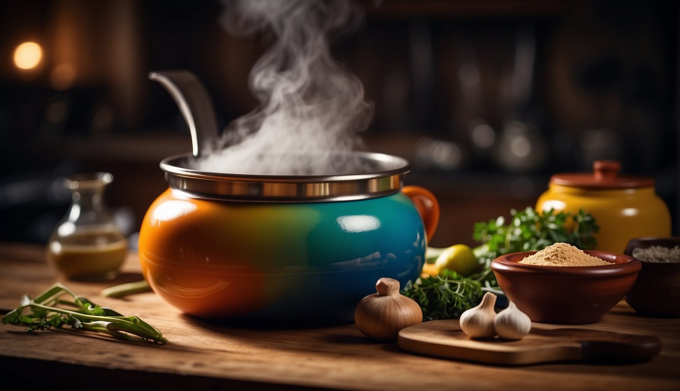 A colorful olla pot sits on a wooden table with steam rising from the top, surrounded by various cooking ingredients and utensils