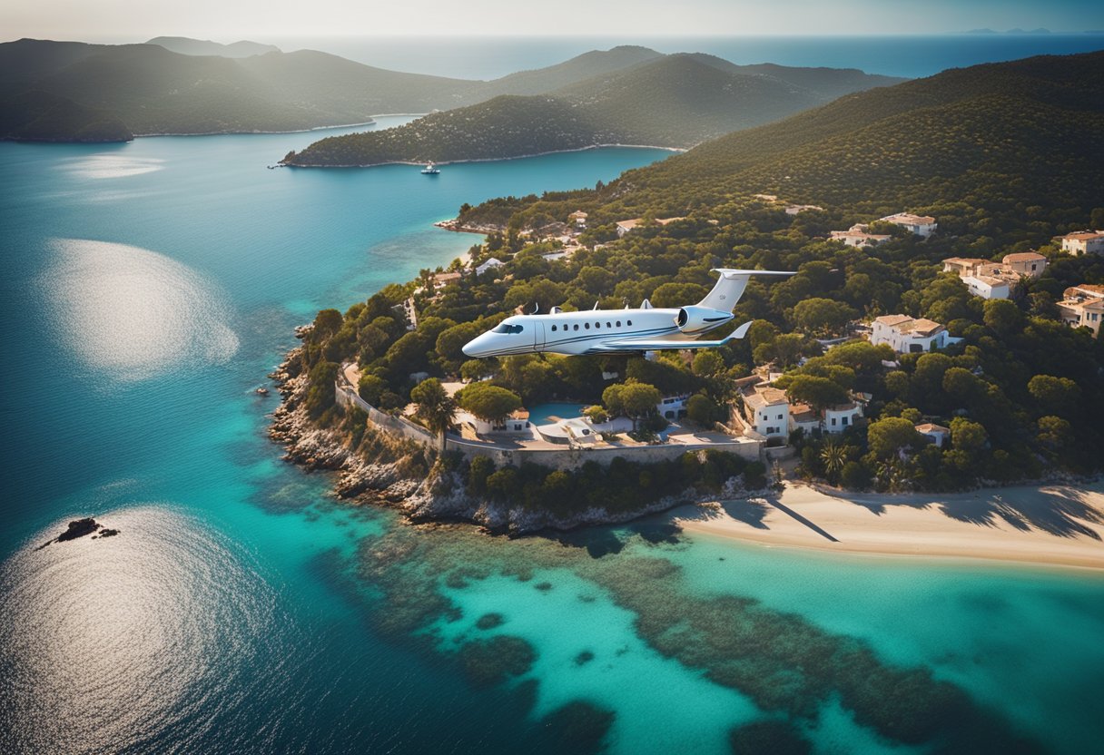 A private jet soaring over crystal blue waters towards the sun-kissed island of Ibiza, with palm trees and luxurious villas dotting the coastline