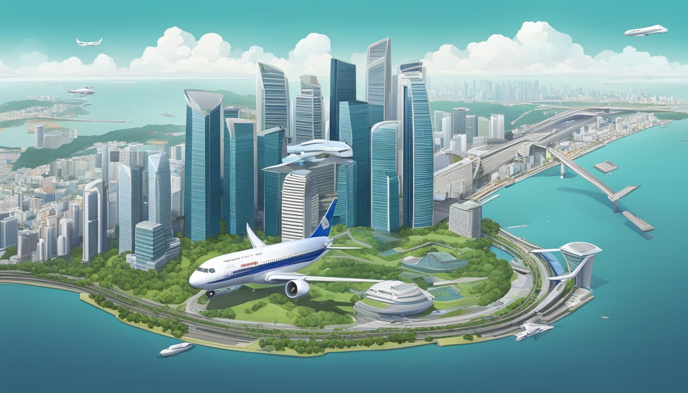 A plane flies high above Singapore, with the city's skyline visible below