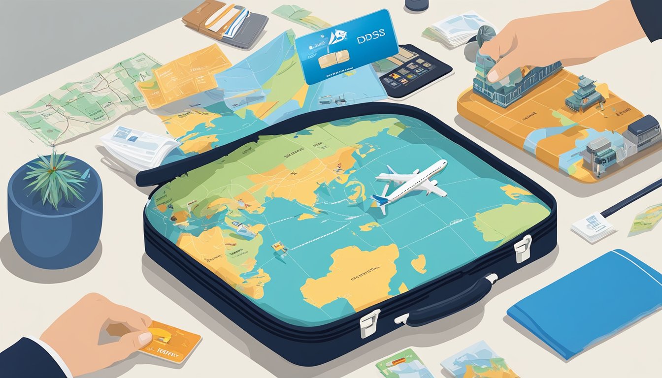A hand holding a DBS Altitude credit card, surrounded by various travel-related items like a suitcase, airplane, and map