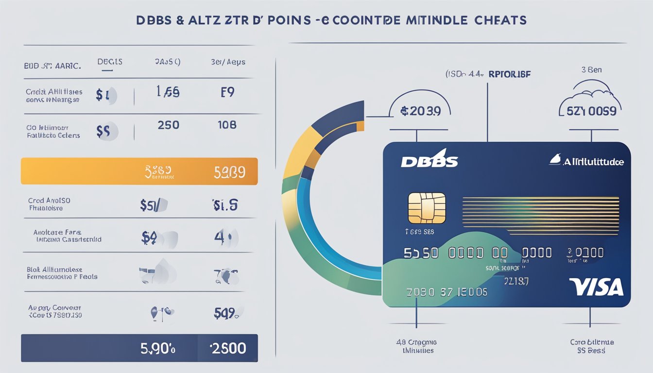A credit card with "DBS Altitude" logo, points to miles conversion chart, and fee details displayed