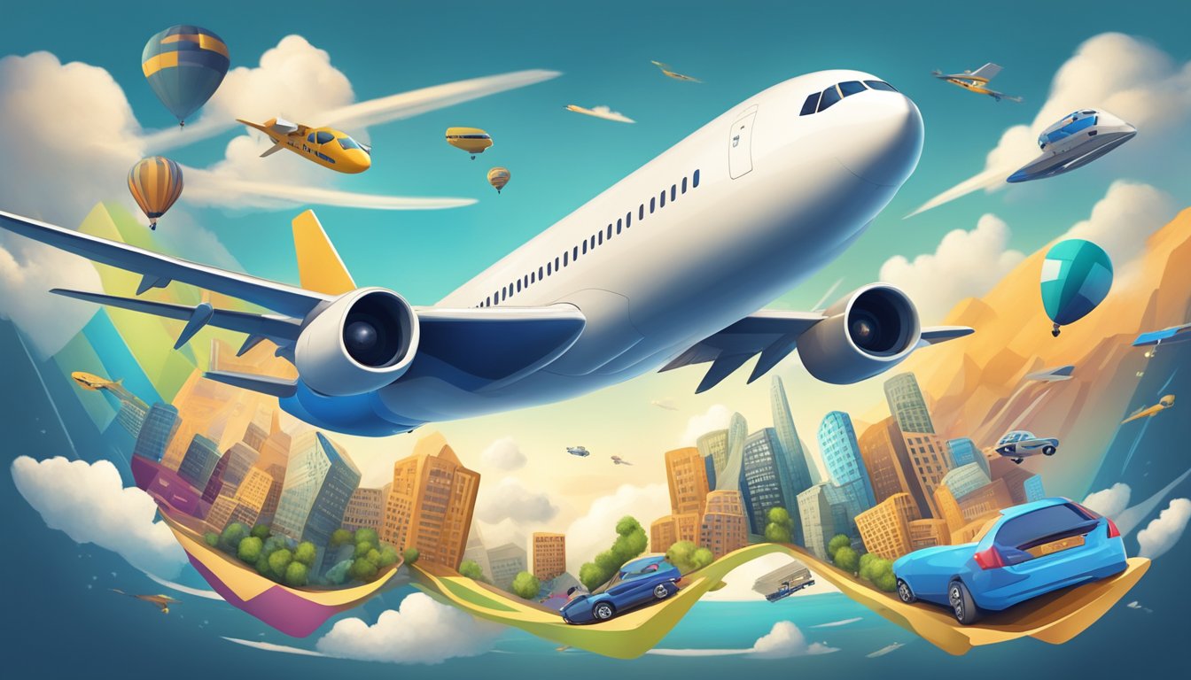 A credit card soaring through the sky, surrounded by various modes of transportation, with a trail of miles and rewards following behind