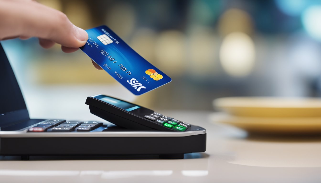 A credit card is swiped through a card reader, with a personal loan statement visible on a computer screen in the background