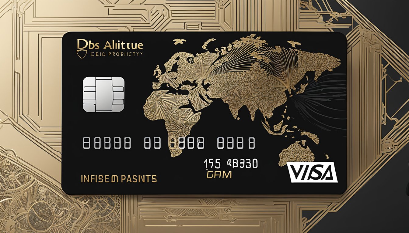 A sleek black credit card with the words "dbs altitude priority pass singapore" prominently displayed, surrounded by symbols of luxury travel and exclusive perks
