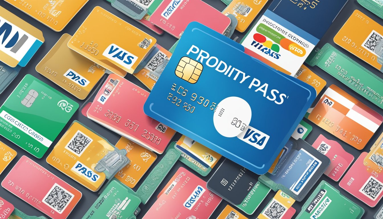 A credit card surrounded by various fees and charges, with a priority pass logo in the background