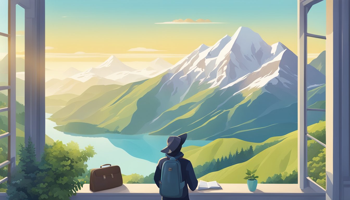 A traveler admiring a scenic mountain landscape, with a clear blue sky and lush greenery, while holding a DBS Altitude Travel Insurance brochure