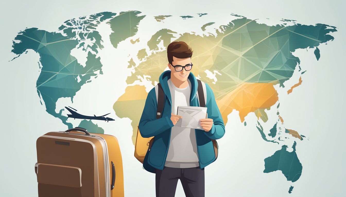 A traveler holding a passport and boarding pass, with a suitcase and travel insurance card, standing in front of a world map and airplane symbol