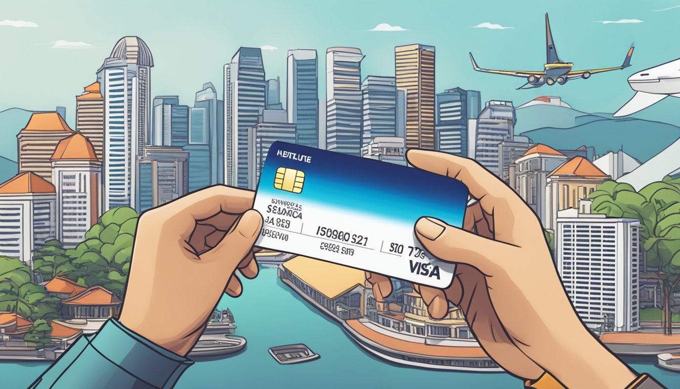 A traveler swipes a DBS Altitude Visa Signature card in Singapore, with iconic landmarks in the background