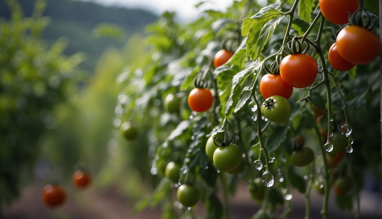 Lush tomato plants droop from dehydration, as water trickles from a hose onto wilted leaves