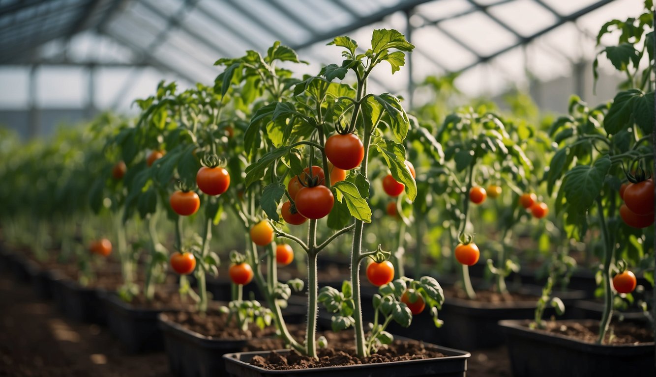 Healthy tomato plants thrive in a greenhouse, surrounded by drip irrigation systems. The vibrant green leaves and plump red tomatoes signal a successful future in tomato cultivation